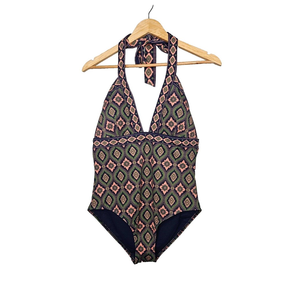 Boden Navy Green Pink Geometric Halter One-Piece Swimsuit
